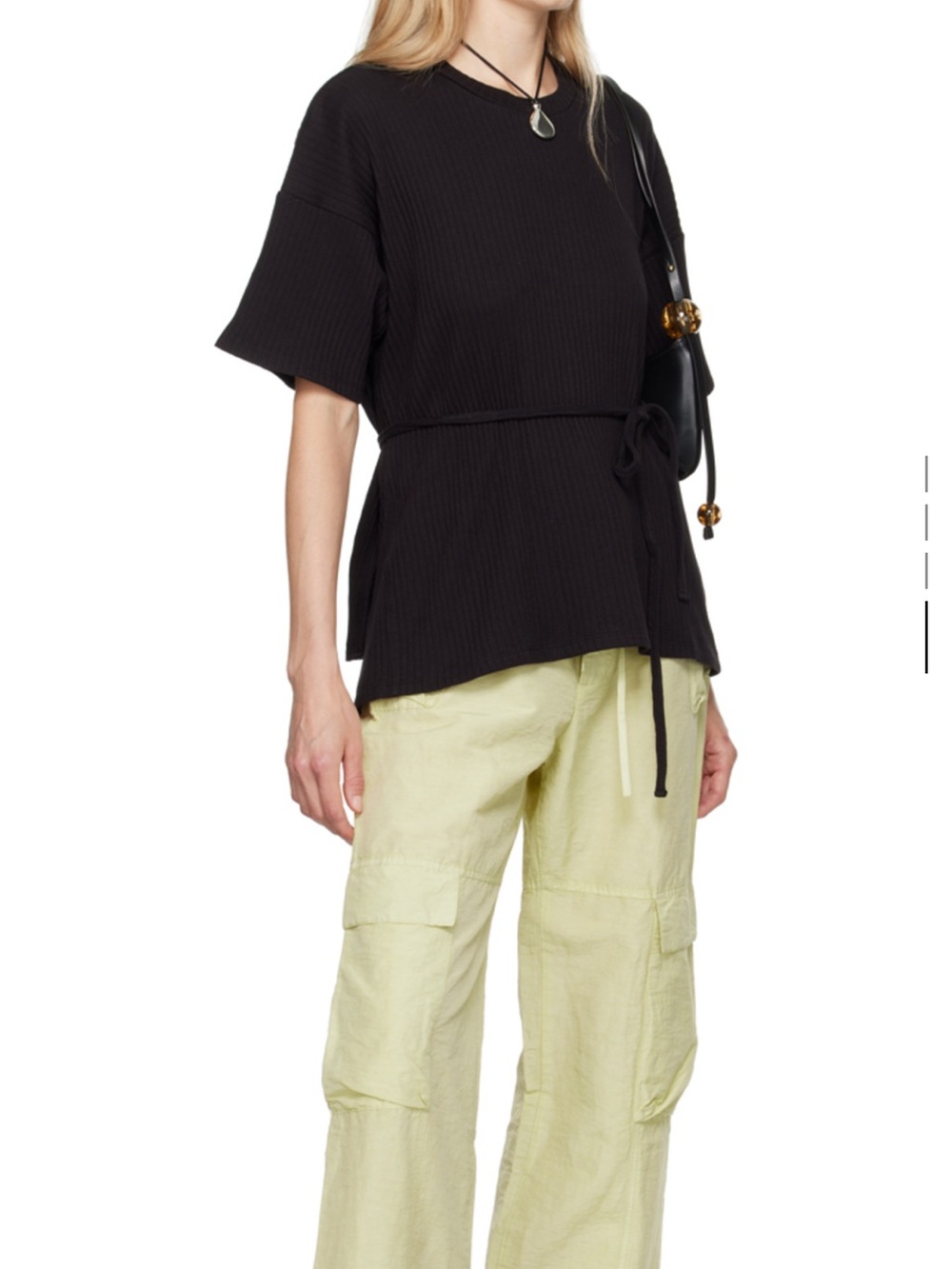 Black Short Sleeve Ribbed Tie-Waist Top - Women's Tee